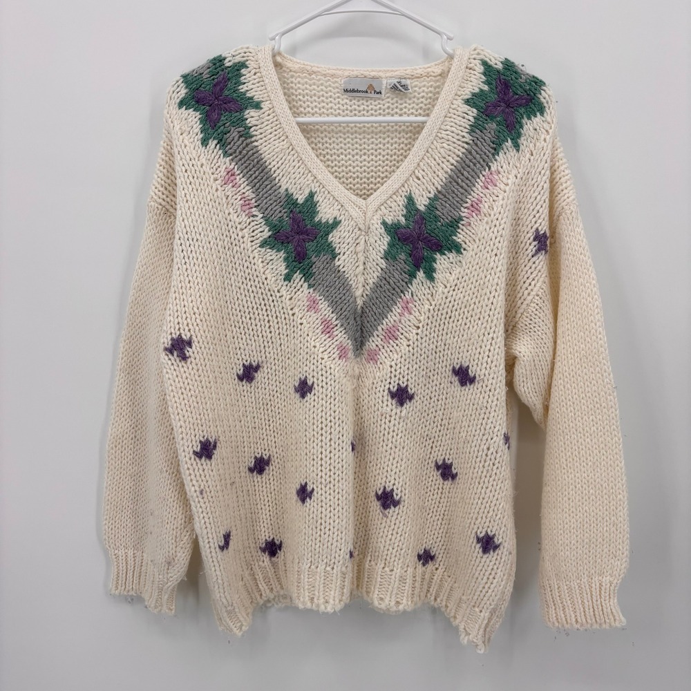 Middlebrook Park Sweater Women Medium Cream Good Floral Embroidered V-Neck Knit